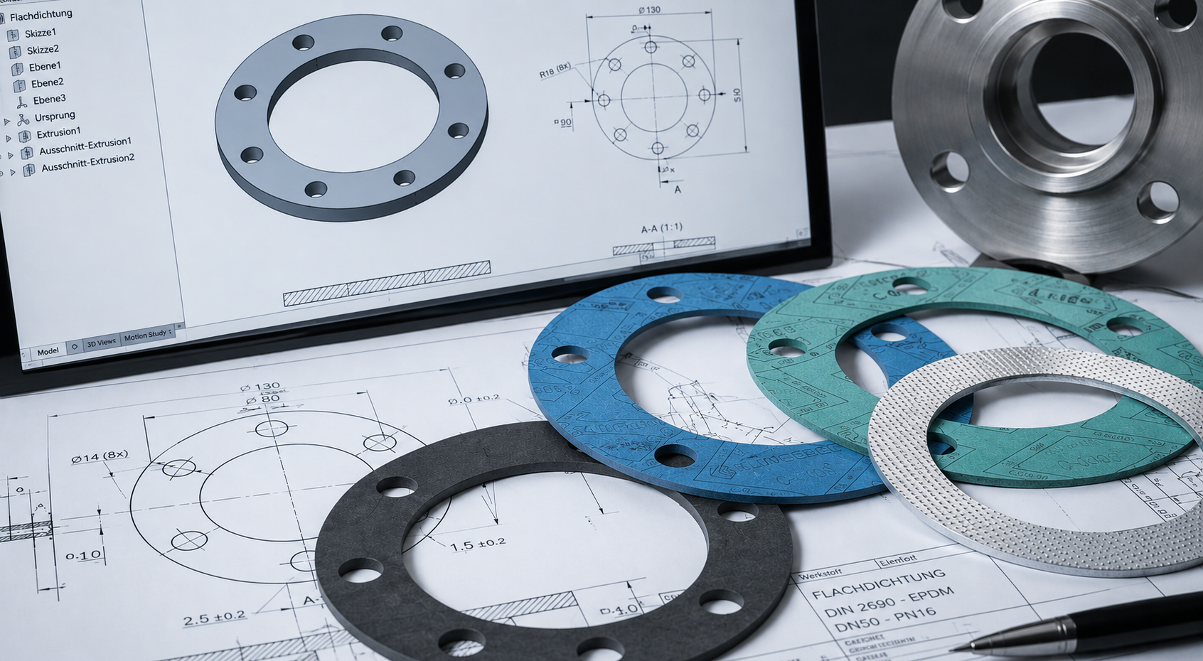 Individuell gefertigte Flachdichtungen und Sonderdichtungen aus verschiedenen Materialien nach Zeichnung für Industrie, Maschinenbau und Anlagenbau.